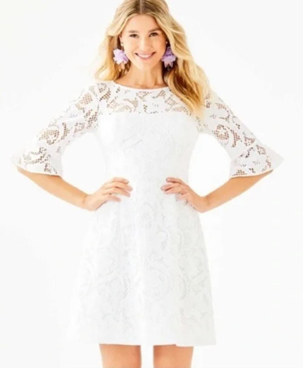 Lilly Pulitzer Allyson White Lace Dress Sz 4 Bell Sleeve Cruise Resortwear